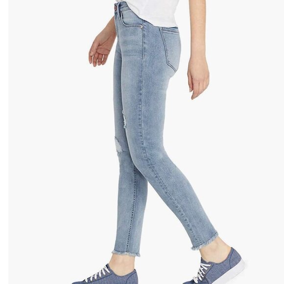 BUFFALO DAVID BITTON Rip & Repair Mid Rise Raw Hem Skinny Jeans in Light Blue - Picture 3 of 10